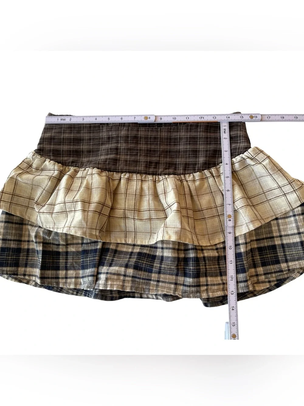 Emerson Lang Plaid Patchwork Mini Skirt Smocked Waist Y2K Cottagecore S M